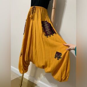 Mustard Yellow with Pink Floral Hobo Embroidered Low Harem Baggy Pants